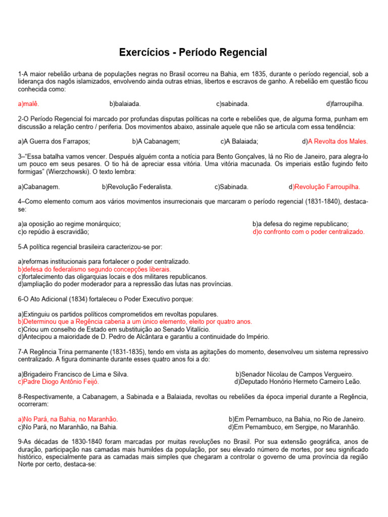 Exercícios sobre o Período Regencial | PDF | Brasil