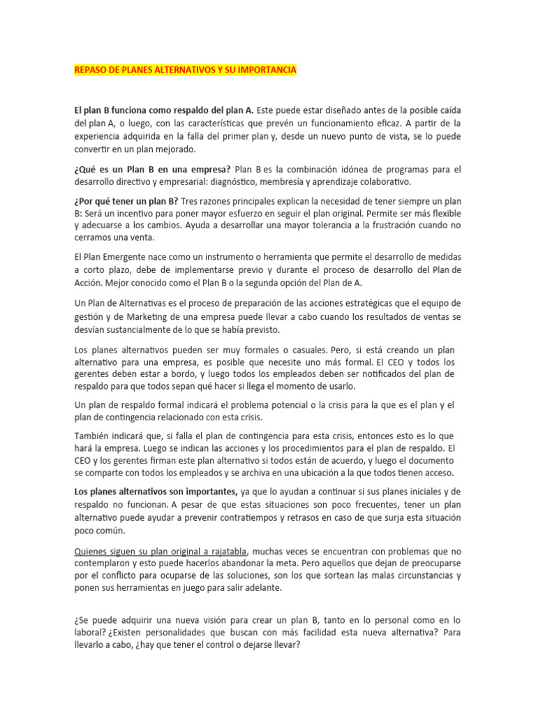 Plan Alternativo Plan B | PDF | Business | Planificación