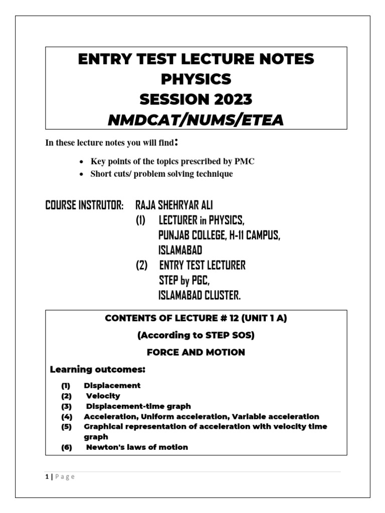 Physics Lecture Notes: Force & Motion | PDF | Acceleration | Velocity