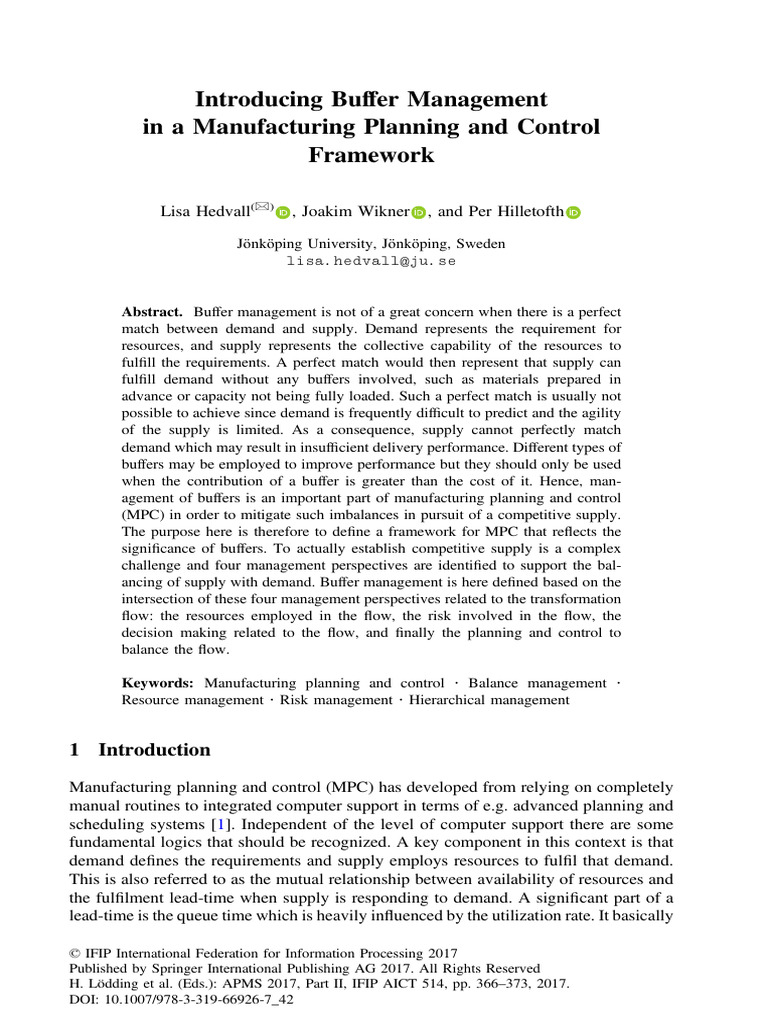 Introducing Buffer Management in A Manufacturing Planning and Control ...