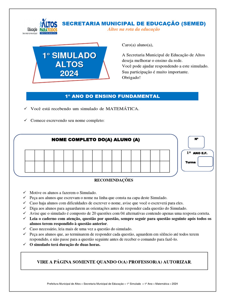 1 Ano Matemática 1 Simulado 2024 Completo 2 Docxretificado Pdf