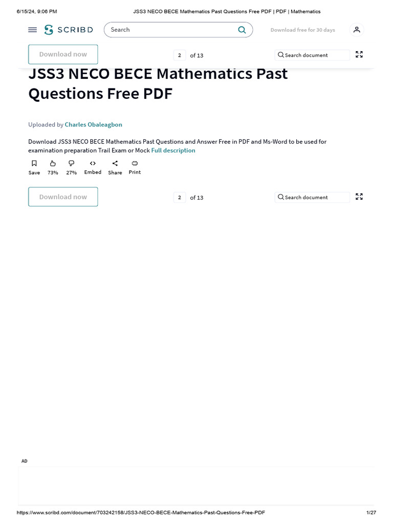JSS3 NECO BECE Math Past Questions PDF | PDF | Scribd | Software