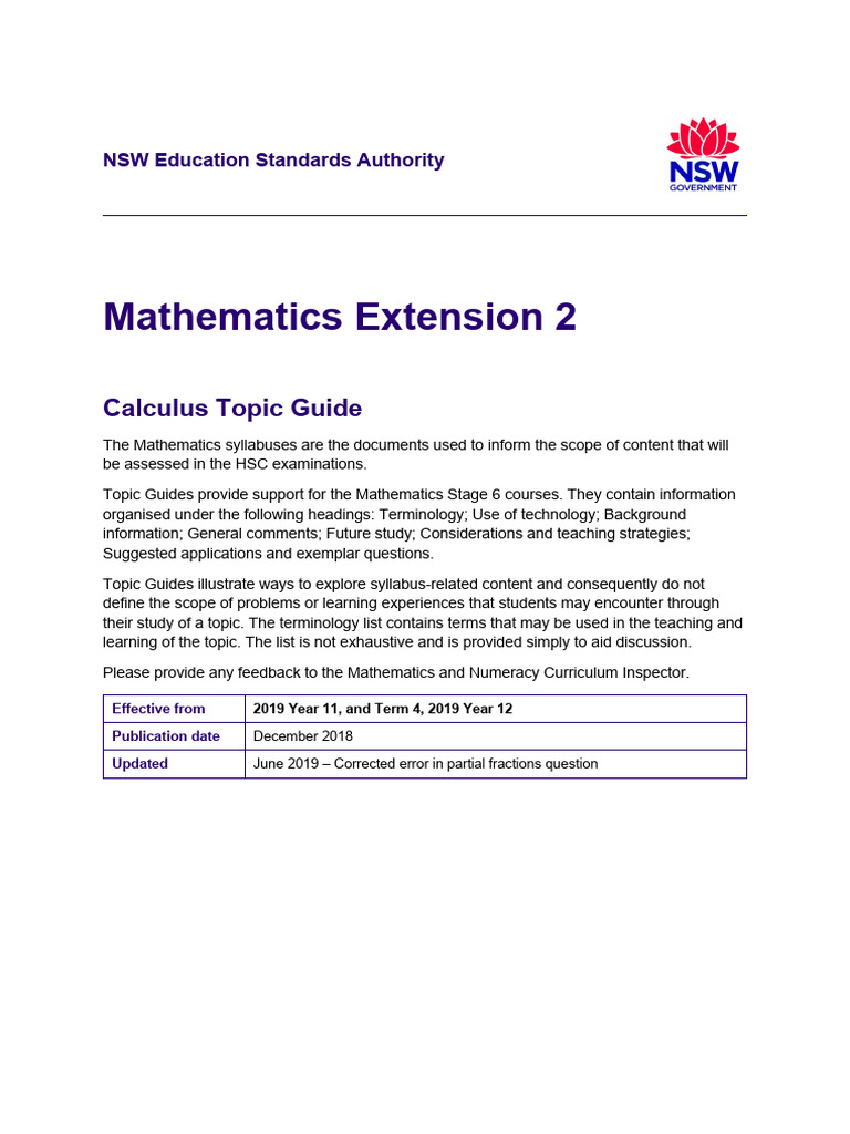 Mathematics Extension 2 Year 12 Topic Guide Calculus | PDF | Integral ...