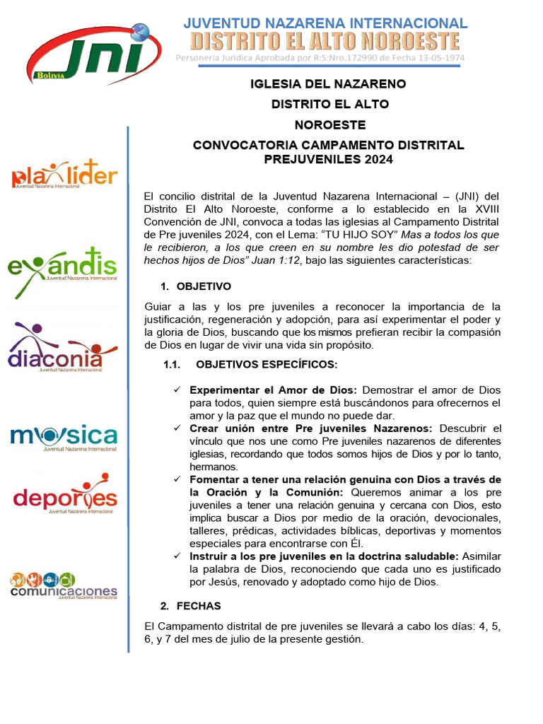 Campamento Prejuveniles JNI 2024 El Alto | PDF | Cámping