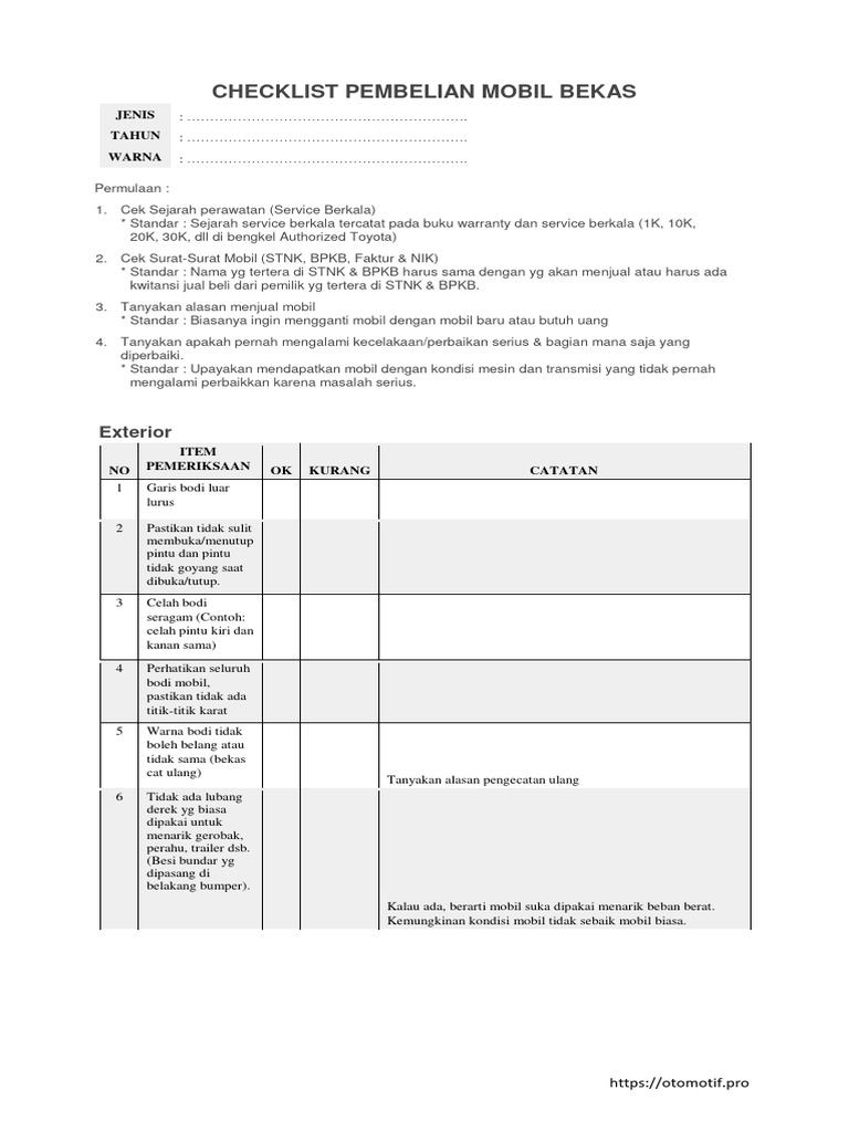 Checklist Pembelian Mobil Bekas | PDF