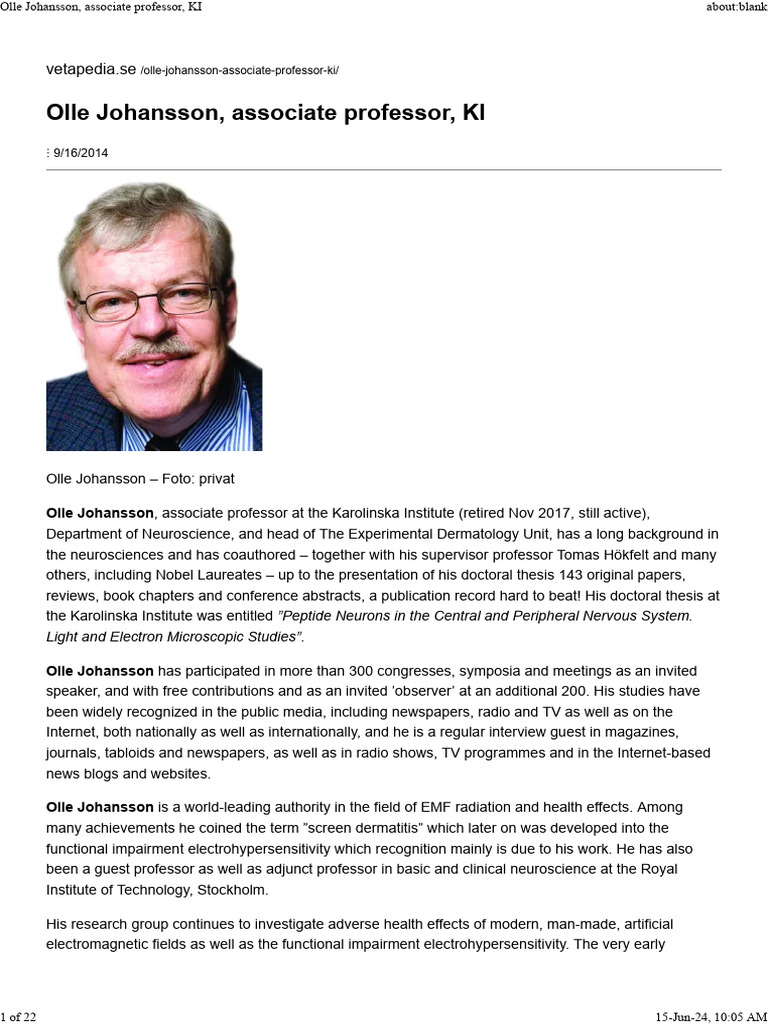 Olle Johansson, Associate Professor, KI - Full Bio | PDF | Neuroscience
