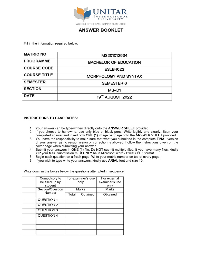 Morphology and Syntax Exam Answer Sheet | PDF | Morphology (Linguistics ...