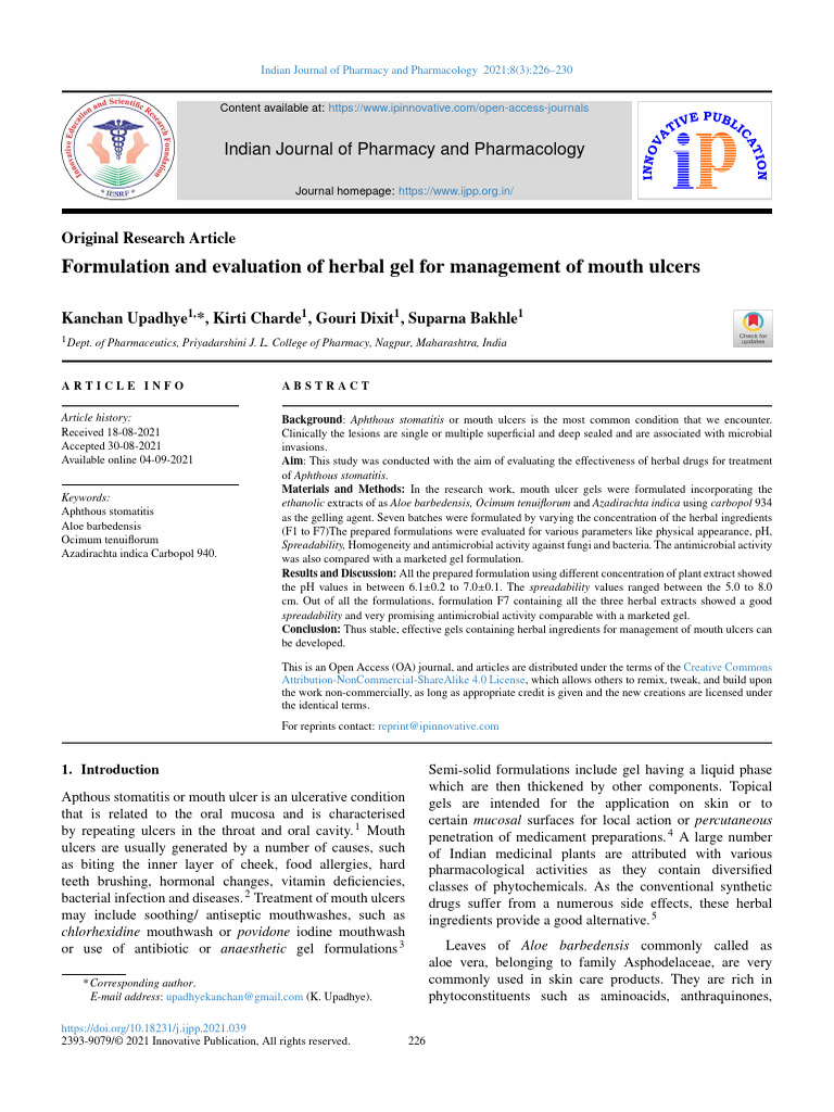 Herbal Gel for Mouth Ulcer Management | PDF | Technology & Engineering