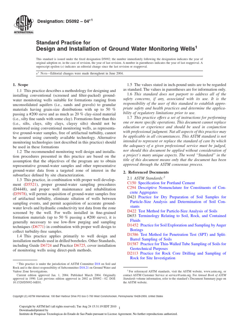 Design and Installation of Ground Water Monitoring Wells: Standard ...
