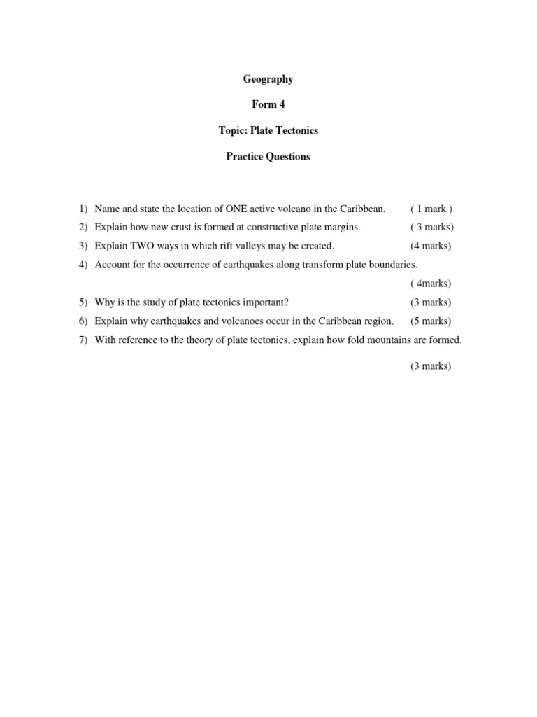 Plate Tectonics Practice Questions PDF