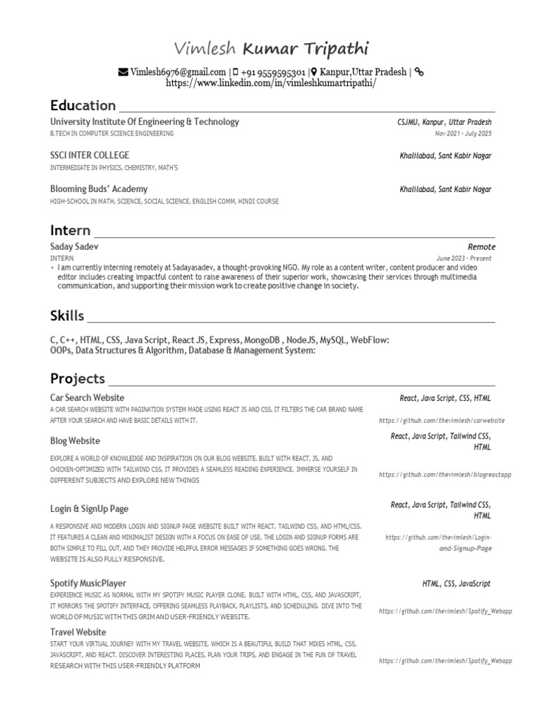 Vimlesh Kumar Tripathi's Portfolio | PDF | Websites | Java Script
