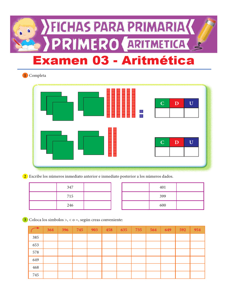 Examen 03 de Aritmética para Primero de Primaria | PDF | Métodos y ...