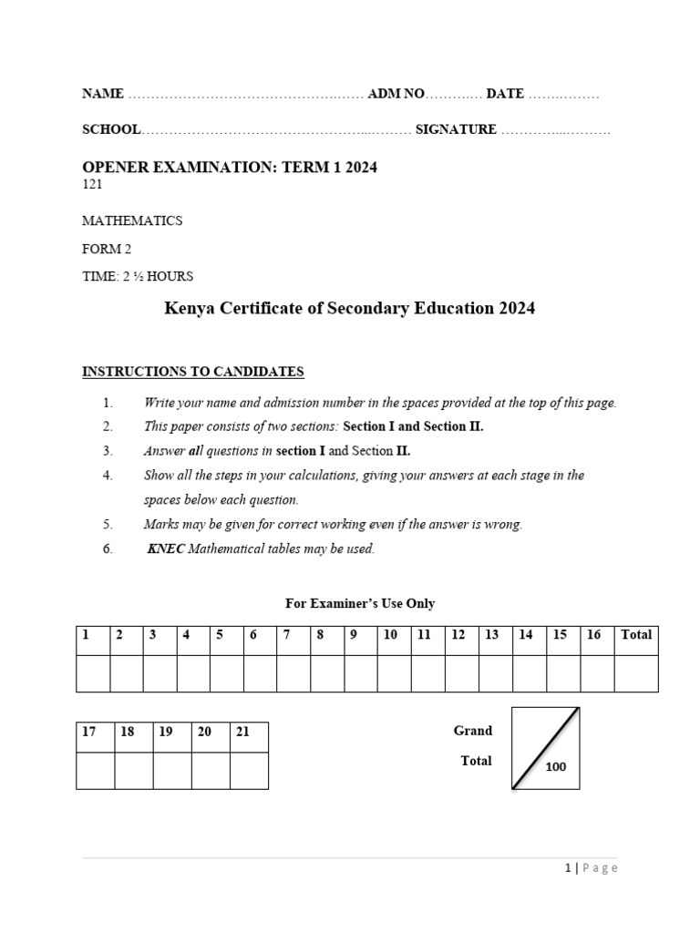 Mathematics F2 Exam Term 1 Qs Teacher - Co .Ke | PDF | Area | Angle