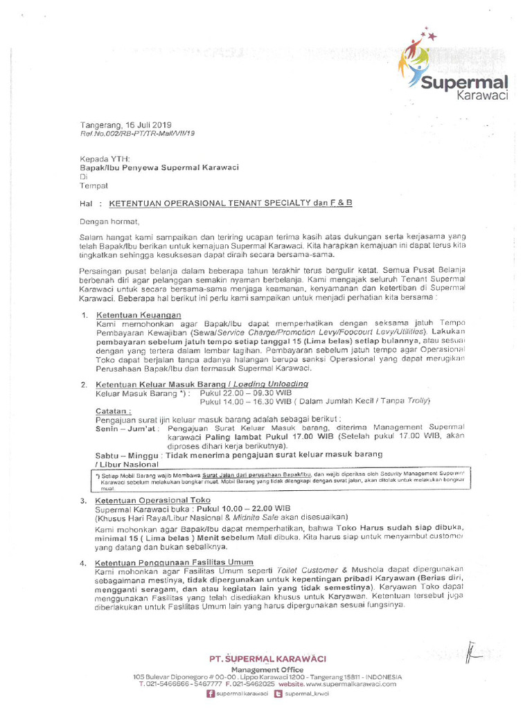 Surat Ketentuan Operasional Tenant | PDF