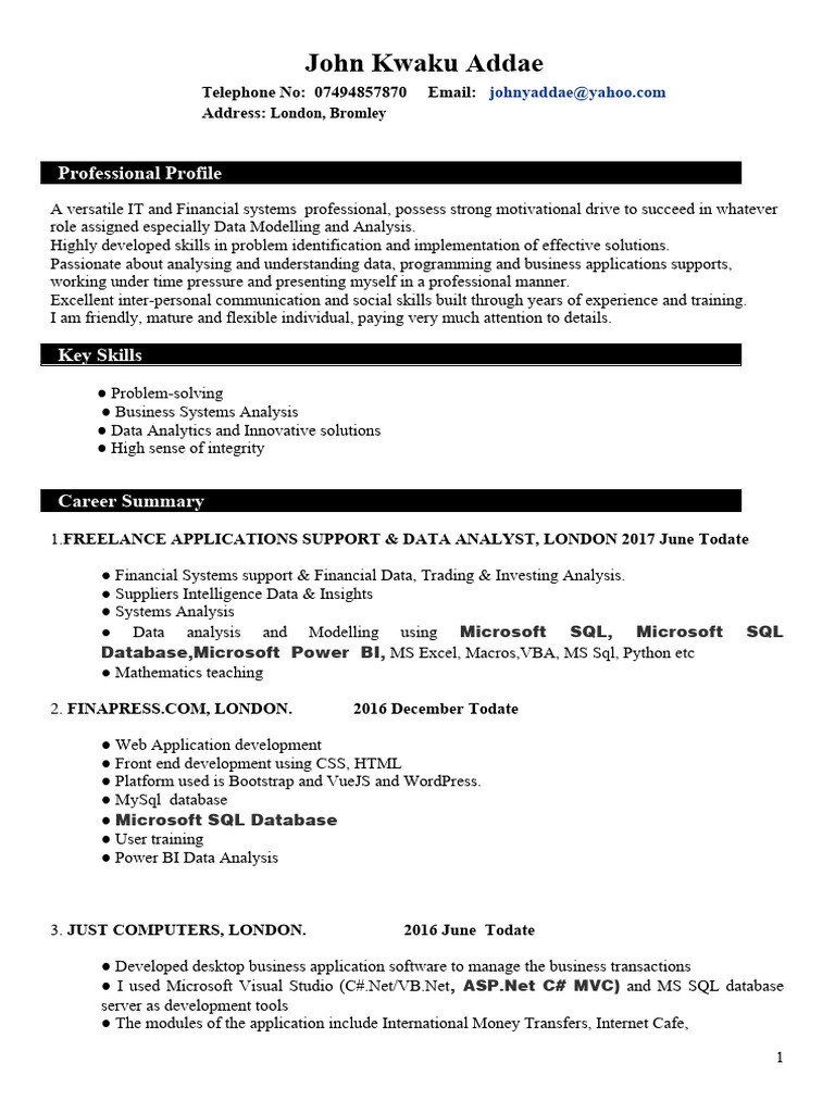 IT & Financial Systems Professional Profile | PDF | Microsoft Sql ...