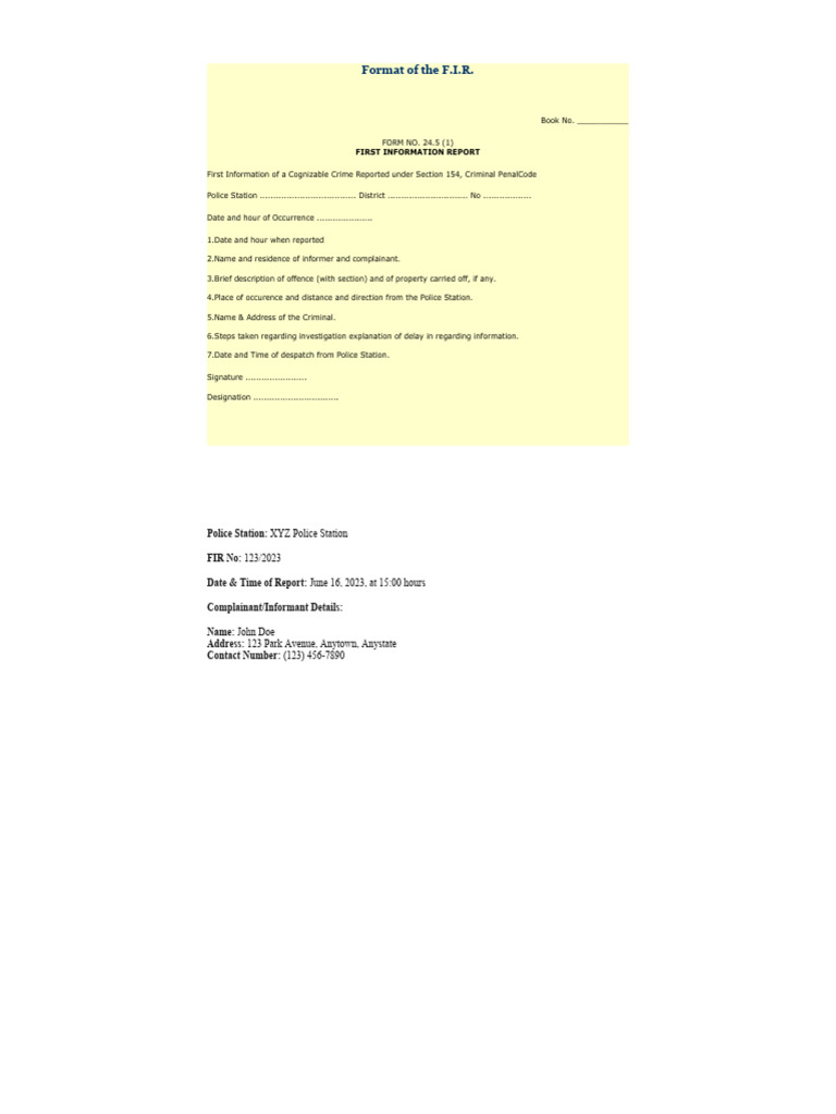 F.I.R. Format and Example for Delhi Police | PDF | Misconduct | Common Law