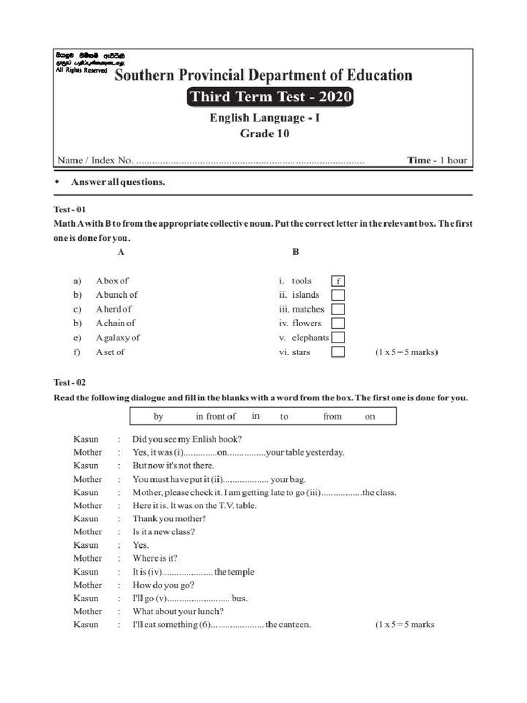 Grade 10 English 3rd Term Test Paper With Answers 2020 Southern ...