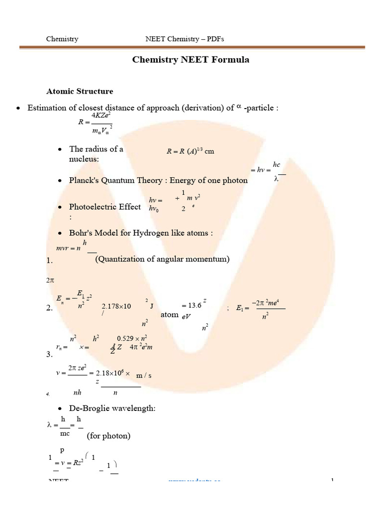 Important Chemistry Formulas for NEET _ Download PDF | PDF | Chemical ...