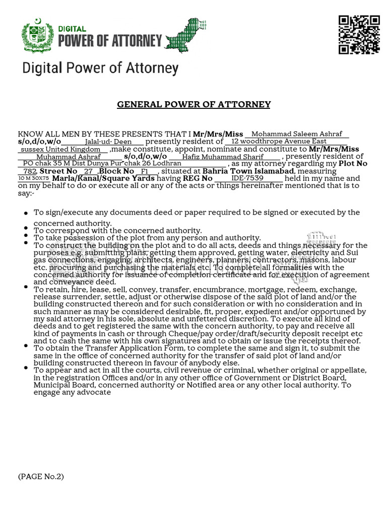 General Power of Attorney Sample Pakistan | PDF | Public Law | Justice