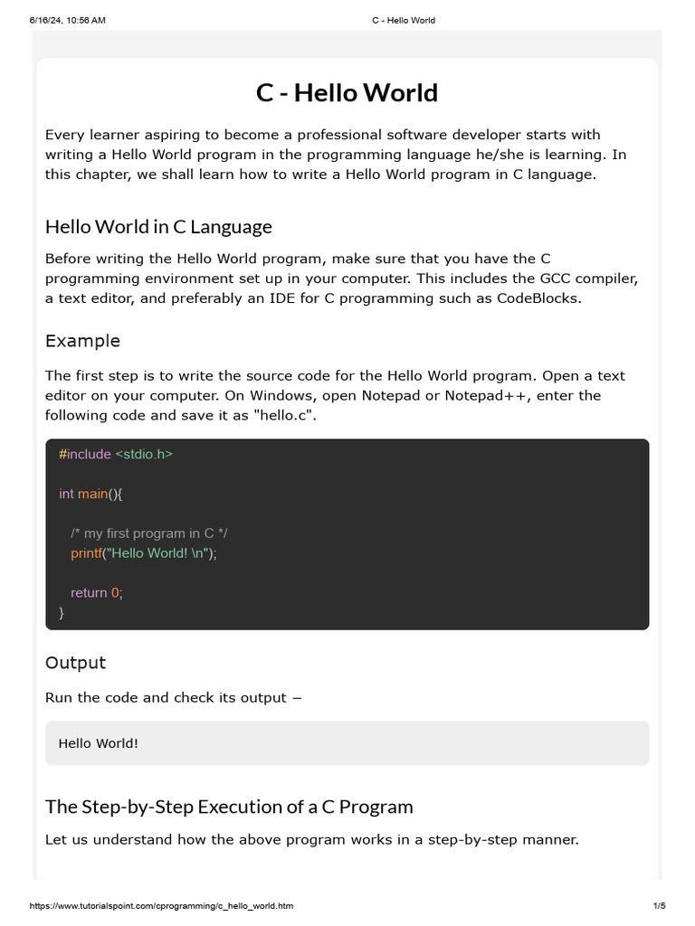 C Hello World Program Guide | PDF | Programming | Computer Program