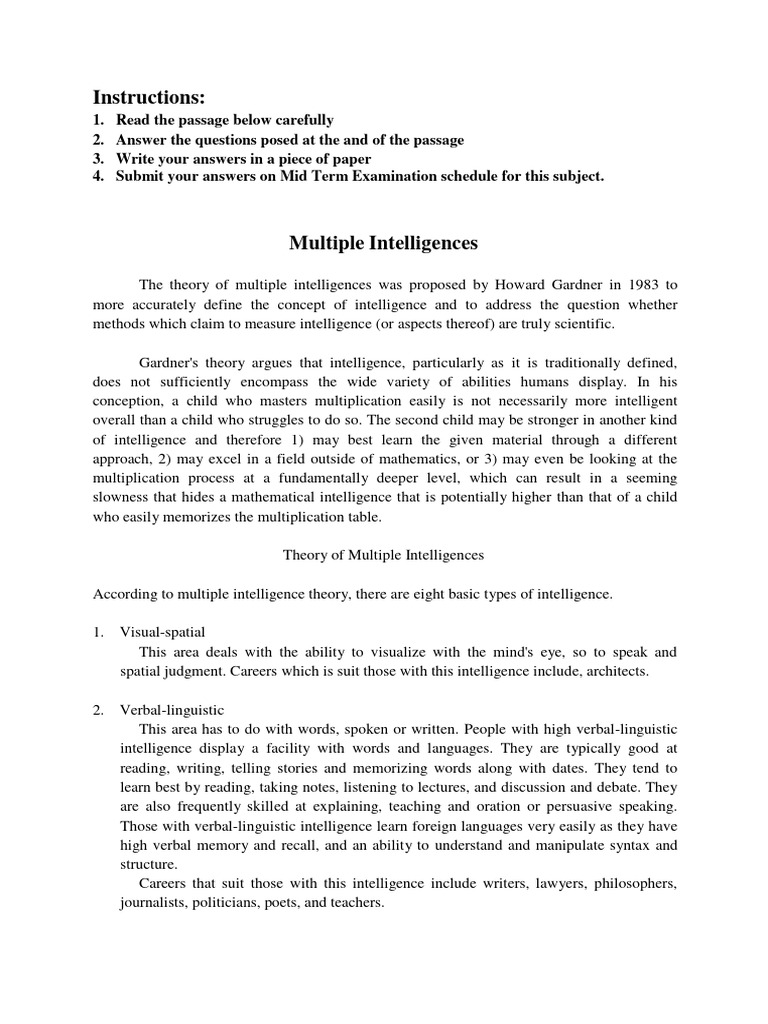 Multiple Intelligences 11B | PDF | Intelligence | Psychology