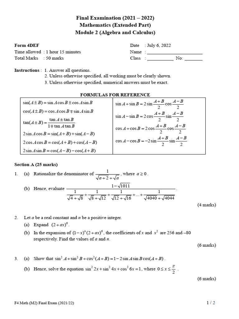 F4 Math Module 2 Exam 2021/22 | PDF | Mathematical Concepts | Abstract ...
