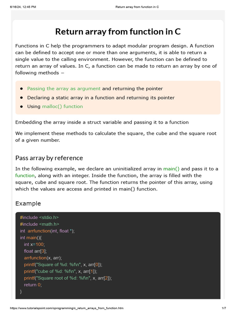 Return array from function in C | Download Free PDF | Pointer (Computer ...