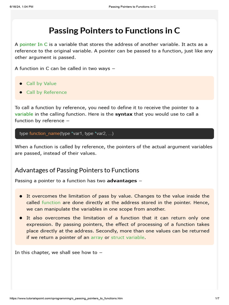 Passing Pointers in C Functions PDF Pointer Programming(01)