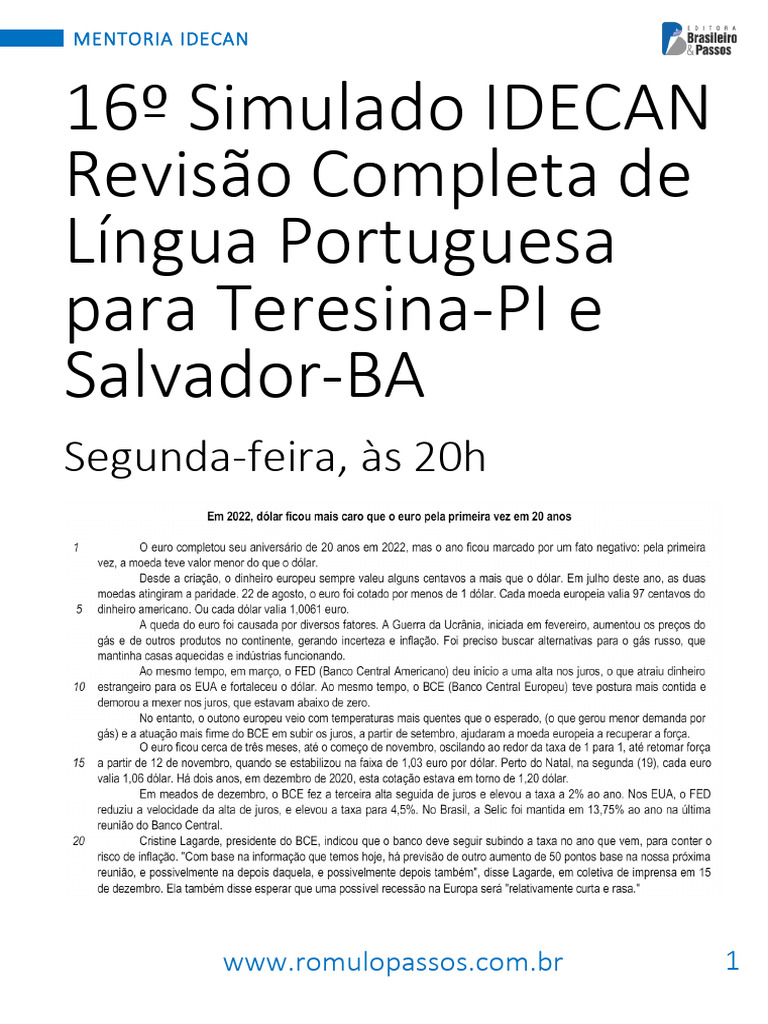 16º Simulado IDECAN - Revisão Completa de Língua Portuguesa | Download ...