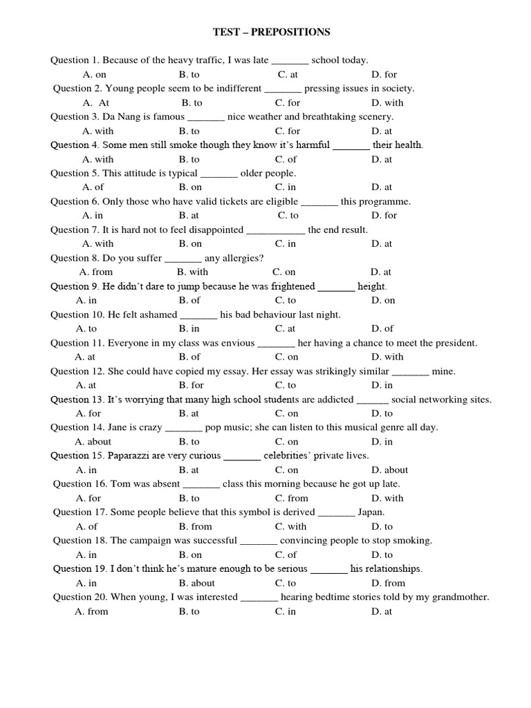 Preposition Test Questions and Answers | PDF