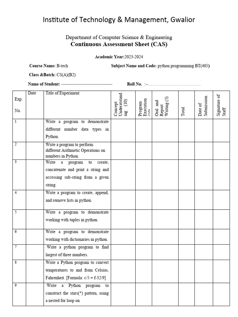 Python CAS (Continuous Assessment Sheet) | PDF | Python (Programming ...