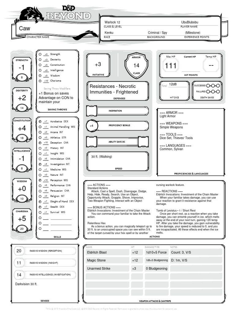 Warlock Character Sheet for D&D 5E | PDF | Dungeons & Dragons | Gary ...