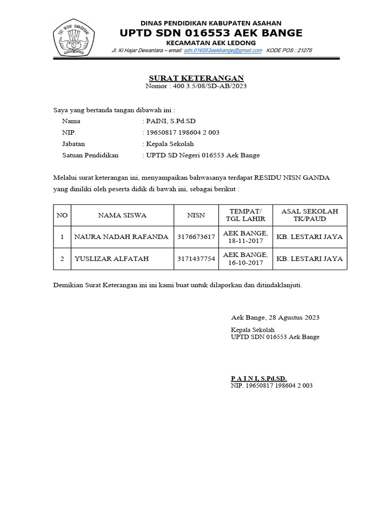 Keterangan nisn ganda pdf