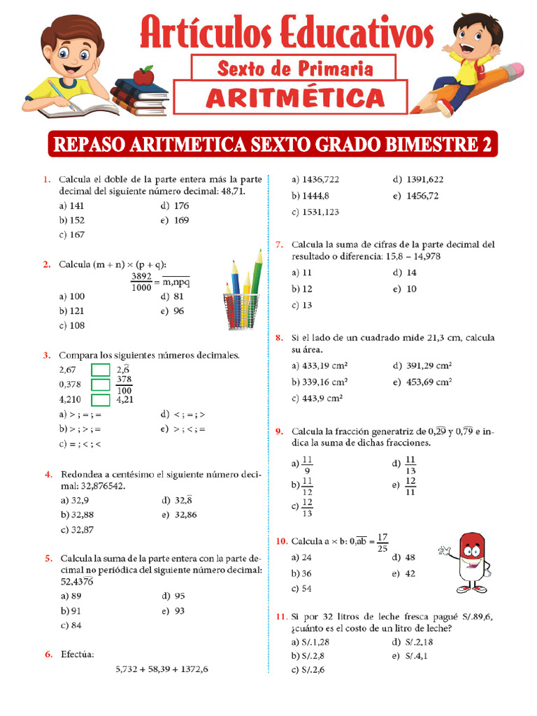 Repaso Aritmetica Sexto Grado Bimestre 2 para Sexto de Primaria | PDF