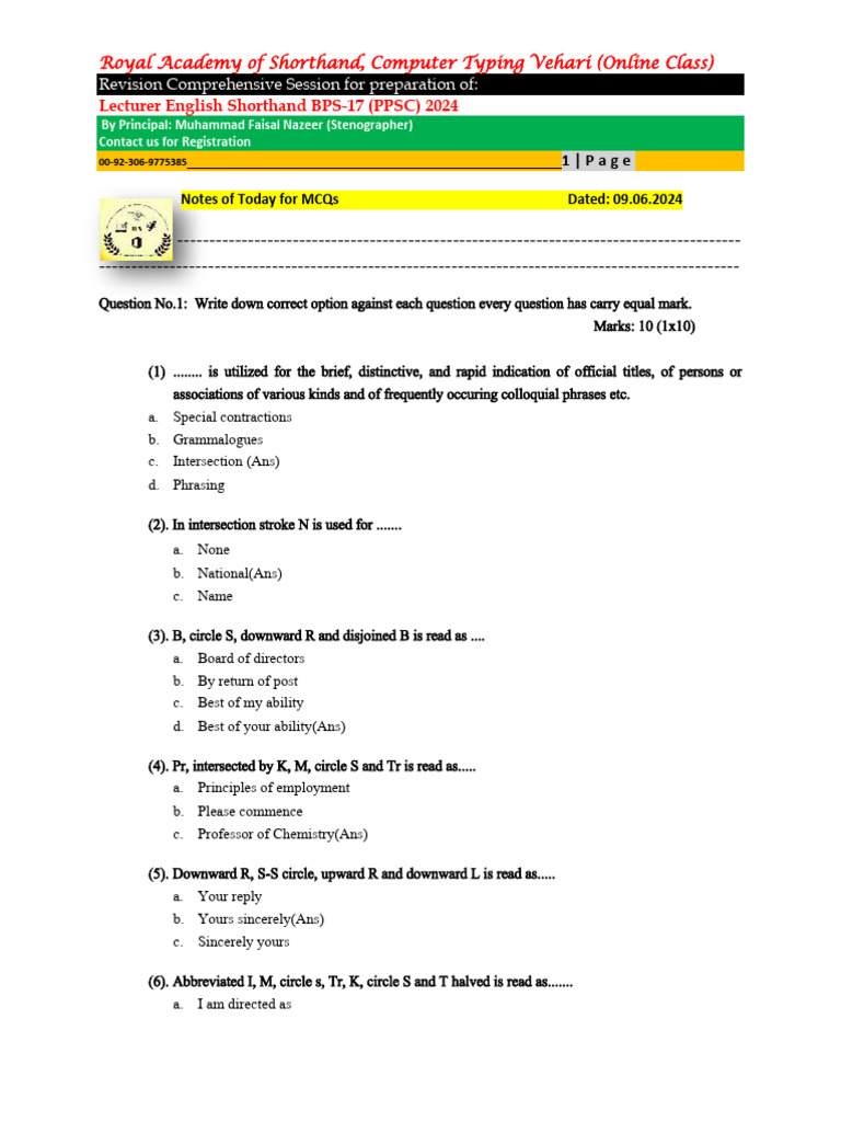 Notes-Test No.3 (09-06-2024) | PDF | Shorthand | Writing