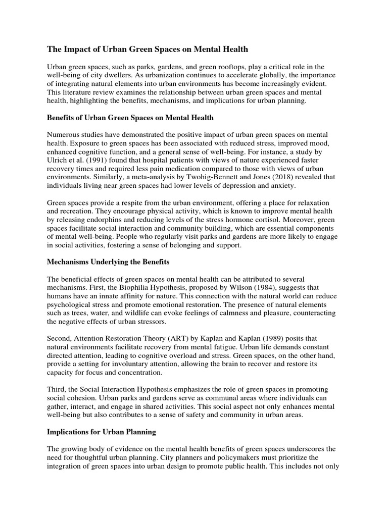 Urban Green Spaces and Mental Health Benefits | PDF | Mental Health ...