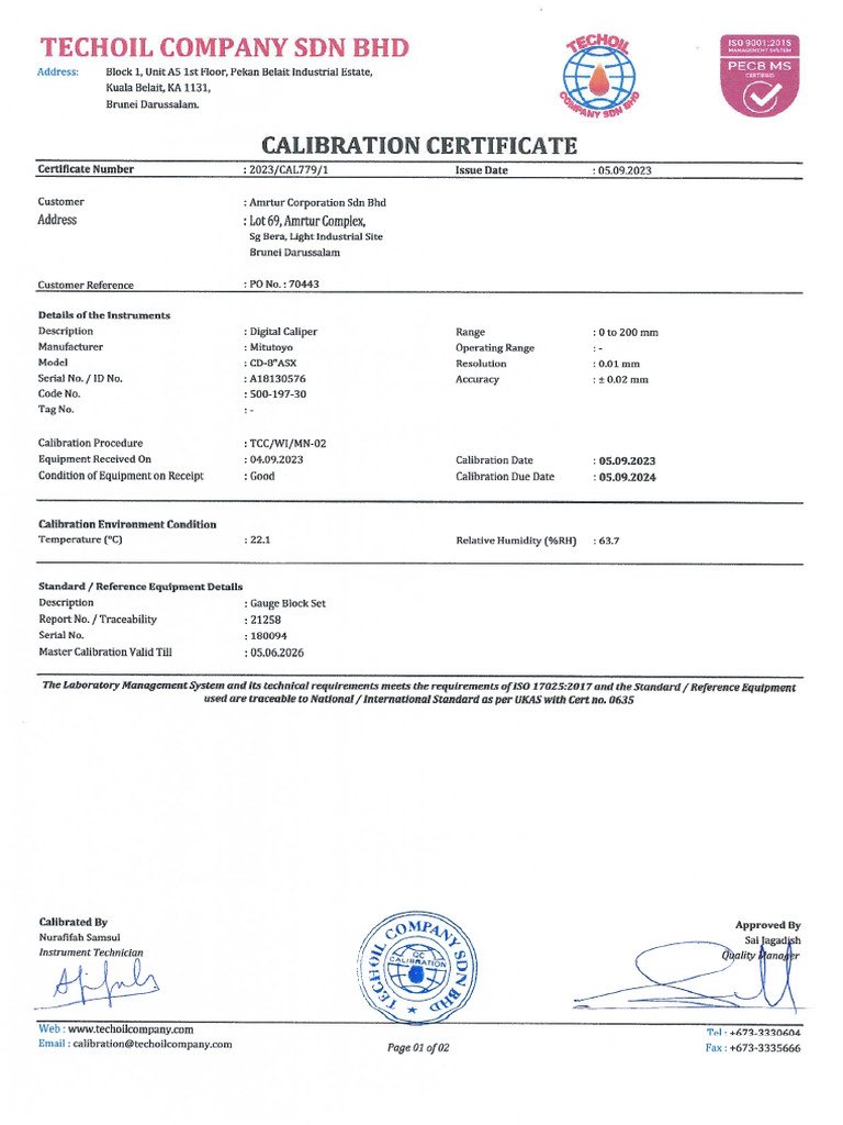 Calibration Certificate A18130576 Digital Caliper PDF