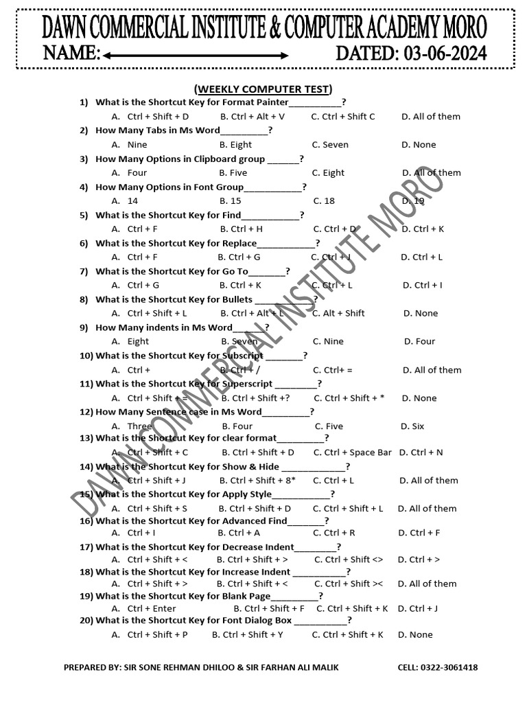 Computer test pdf keyboard shortcut control key