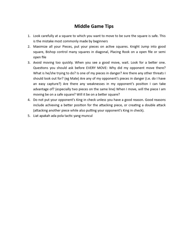 Chess Middle Game Strategy Tips | PDF | Self-Improvement