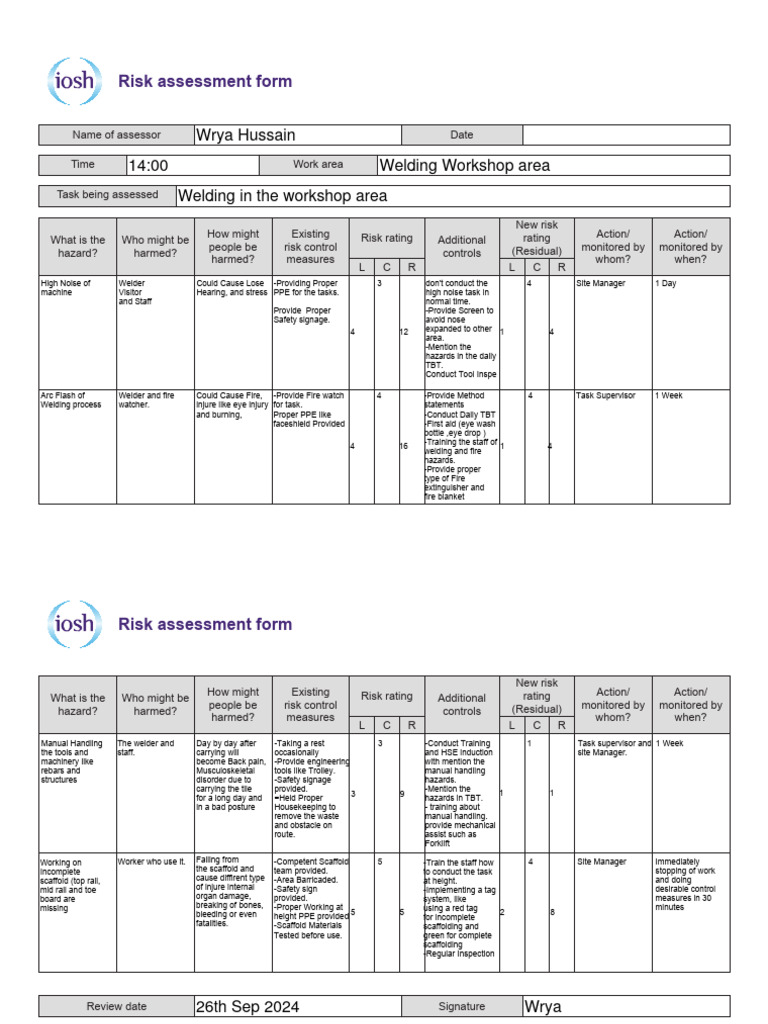 Welding Workshop Risk Assessment Form | PDF | Welding | Construction