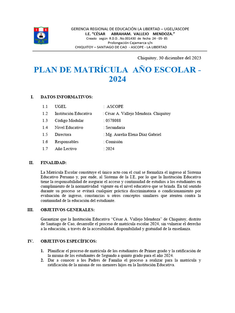 Plan de Matrícula 2024 I.E. Vallejo Mendoza | PDF | Educación primaria ...