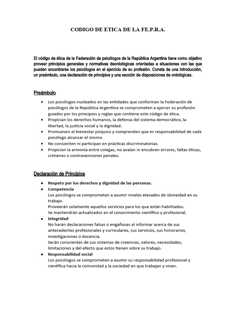 Código Ético para Psicólogos Argentinos | PDF | Sicología | Psicólogo