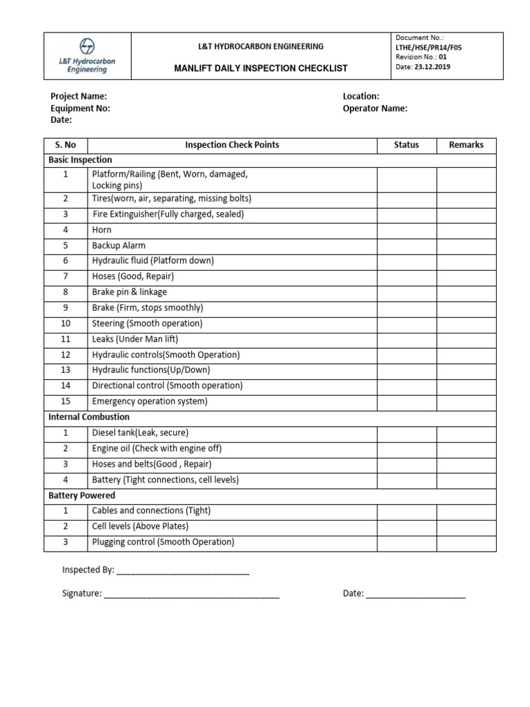 6. Manlift Inspection Checklist PDF