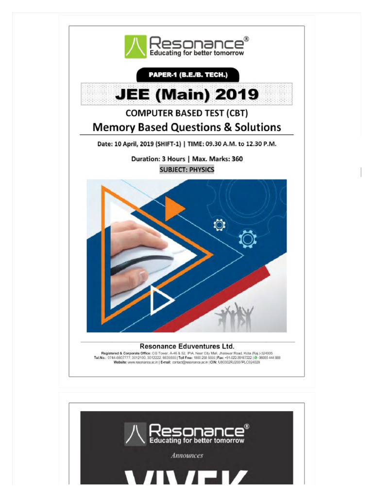 JEE Main 2019 Answer Key Solutions Resonance April 10 Shift 1 Physics | PDF
