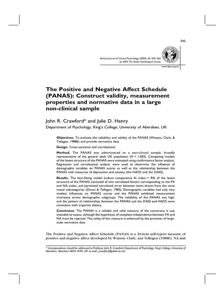 Positive And Negative Affect Schedule Questionnaire Template