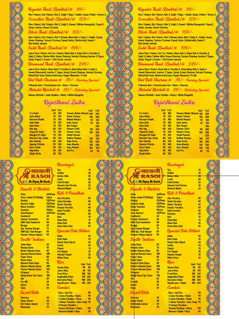 Rajasthani Thali Menu Options | PDF