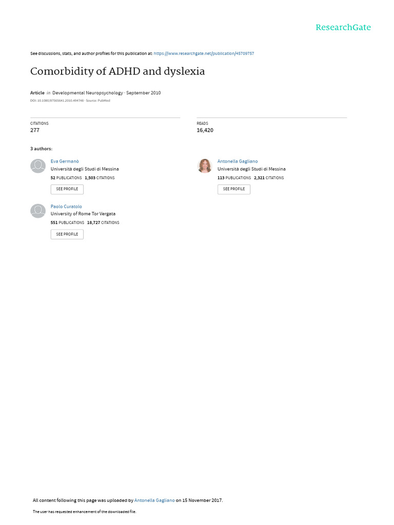 Germano Et Al. (2010) Comorbidity of ADHD and Dyslexia | PDF ...
