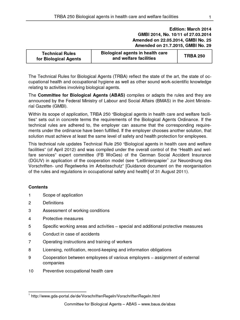 TRBA 250: Hygiene in Healthcare Settings | PDF | Infection ...