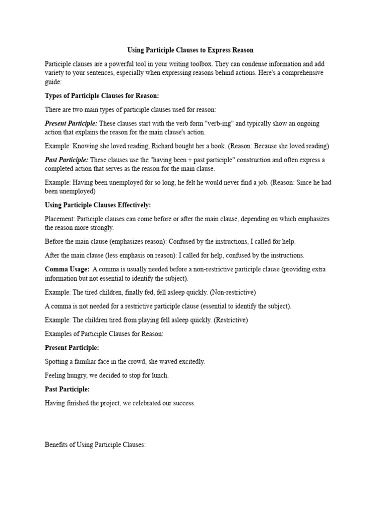 Using Participle Clauses for Reasons | PDF | Clause | Comma