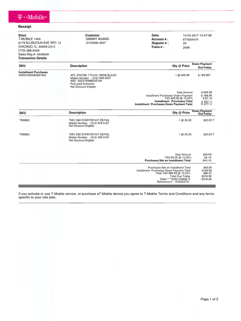 T-Mobile iPhone 7 Plus Receipt | PDF | Payments | T Mobile Us